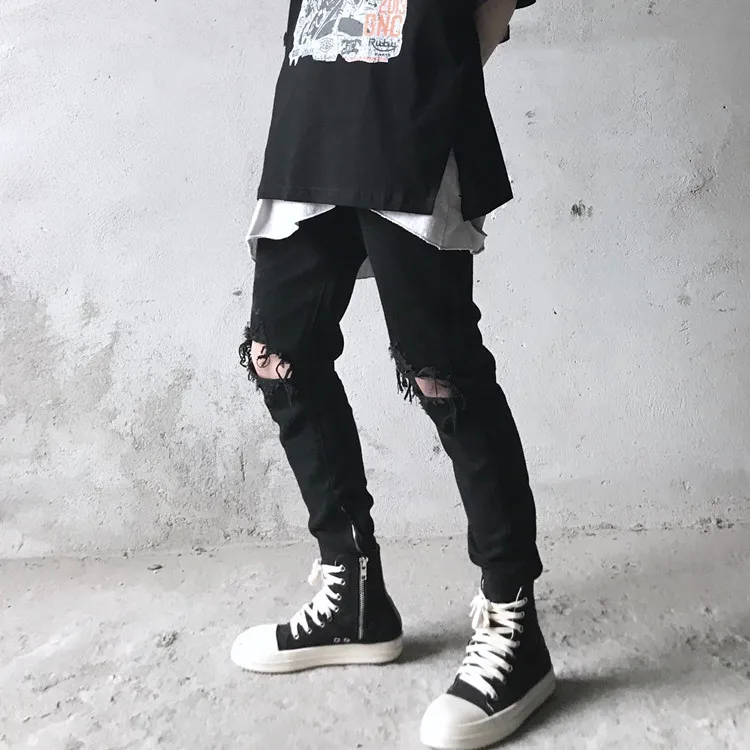2026 New High Street Ripped Knife Cut Side Zipper Black Slim Jeans Men
