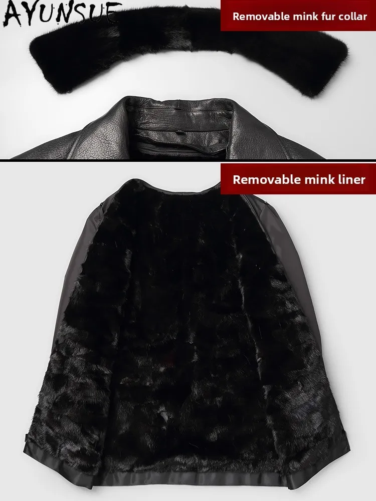AYUNSUE Real Fur Coat Man Winter 2026 Genuine Goatskin Leather Jacket Men Fashion Warm Long Fur Coats Detachable Mink Fur Liner