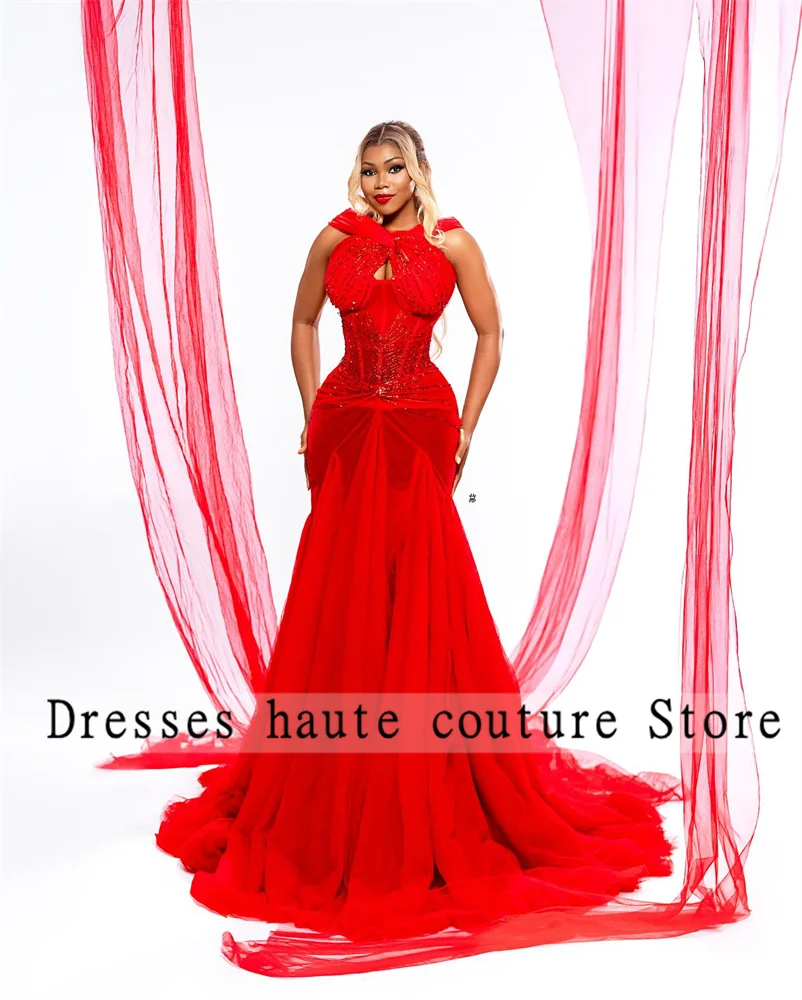 Aso Ebi rouge dentelle perlée hors de l'épaule sirène robes de soirée 2025 cristaux scintillants robes de soirée de mariage robe de bal personnalisée