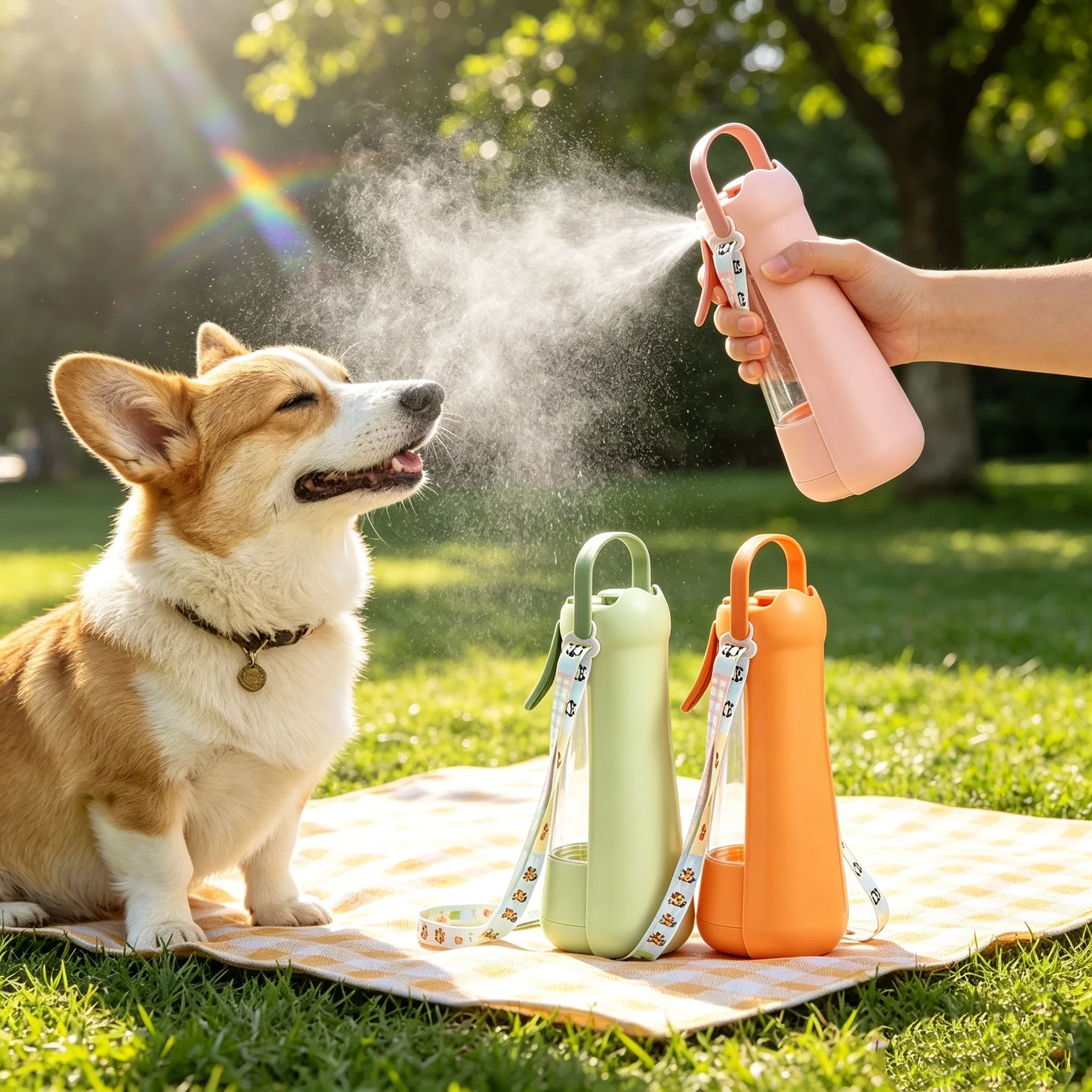 Portable Dog Pet Water Bottle 3 in 1 Spray Cooling Drinking Foldable Water Bowl Leak‑Proof Travel Water Dispenser Pet Water Cup