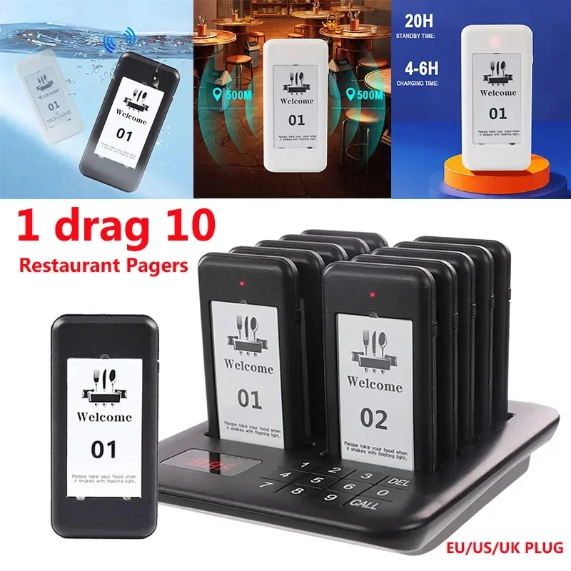 

Wireless Restaurant Buzzer Pager 10 Coasters Paging Guest Calling Queuing System Touch Screen for Coffee Dessert Shop Black 220V