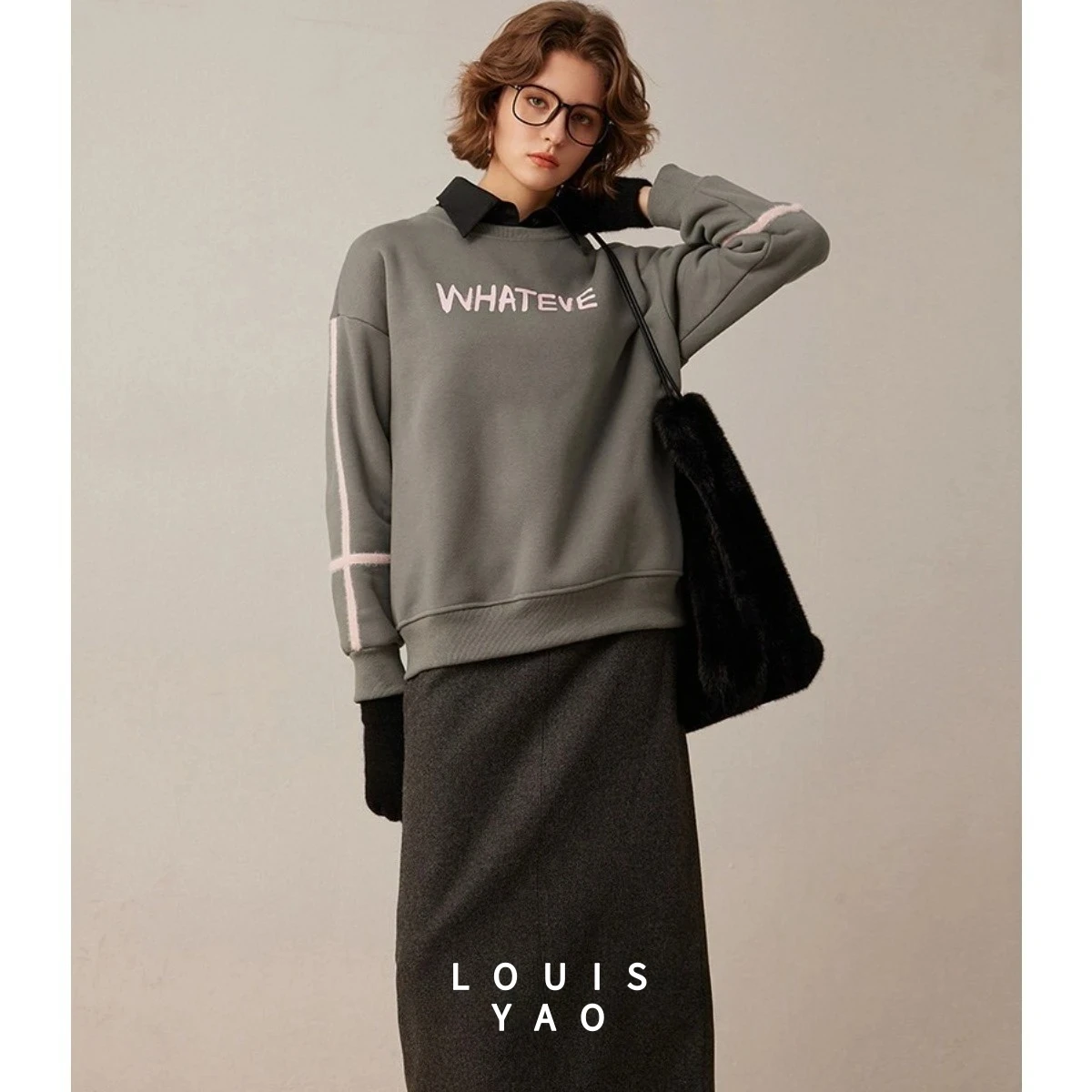 LOUISYAO Thick Velvet Color Contrast Ribbon Women's Sweatshirts 2025 Winter Women Tops Printed Micro Elastic Loose Hoodie