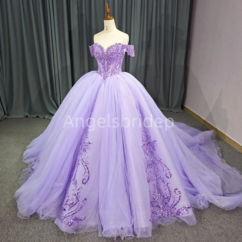 

Angelsbridep Blingbling Tulle Beading Sequined Lavender Ball Gown Quinceanera Dresses Evening Party Vestido De 15 Anos