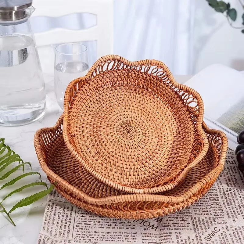 Cesta de almacenamiento de frutas tejida a mano, bandeja de almacenamiento de mimbre, cestas de mimbre, caja de exhibición para pan, comida, desayuno, artesanía, decoración del hogar