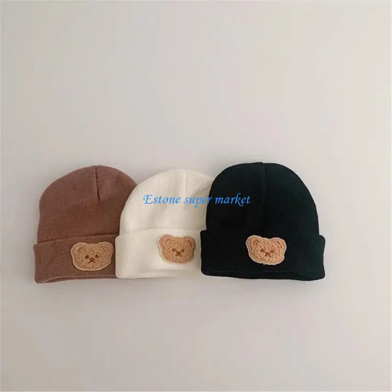 

090B Lovely Bear Designing Toddler Bonnet Soft Knitted Hat Windproof Warm Headwear for Baby Aged 3 Months to 2 Years