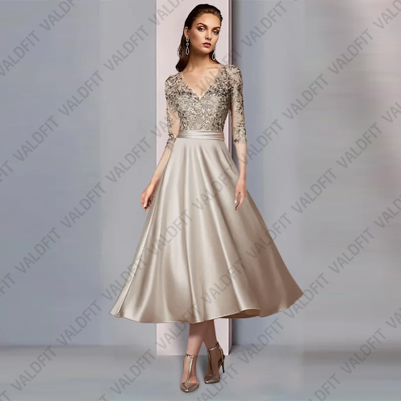 Customized Tea Length Mother of the Bride Dresses with Sleeves Wedding Party Dress vestidos de fiestas elegantes mujer boda