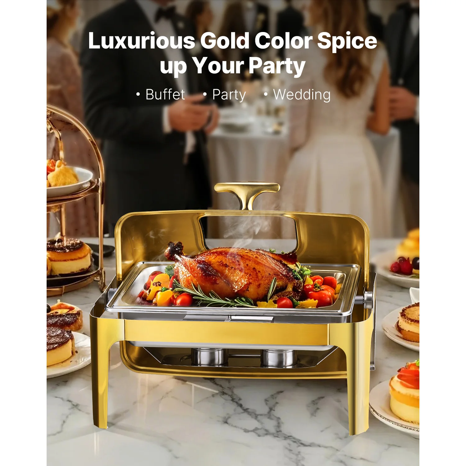 SucceBuy 9Qt Roll Top Sfregamento Piatto Buffet Chafer in acciaio inossidabile con padella a grandezza naturale Coperchio visibile Rettangolo Riscaldatore per catering