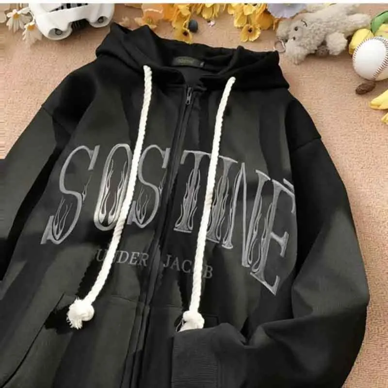 4Xl Oversized Punk Hoodie Winter Korean Thick Warm Alphabet Embroidery Casual Coats Y2K Loose Preppy All Match Zipper Sweatshirt