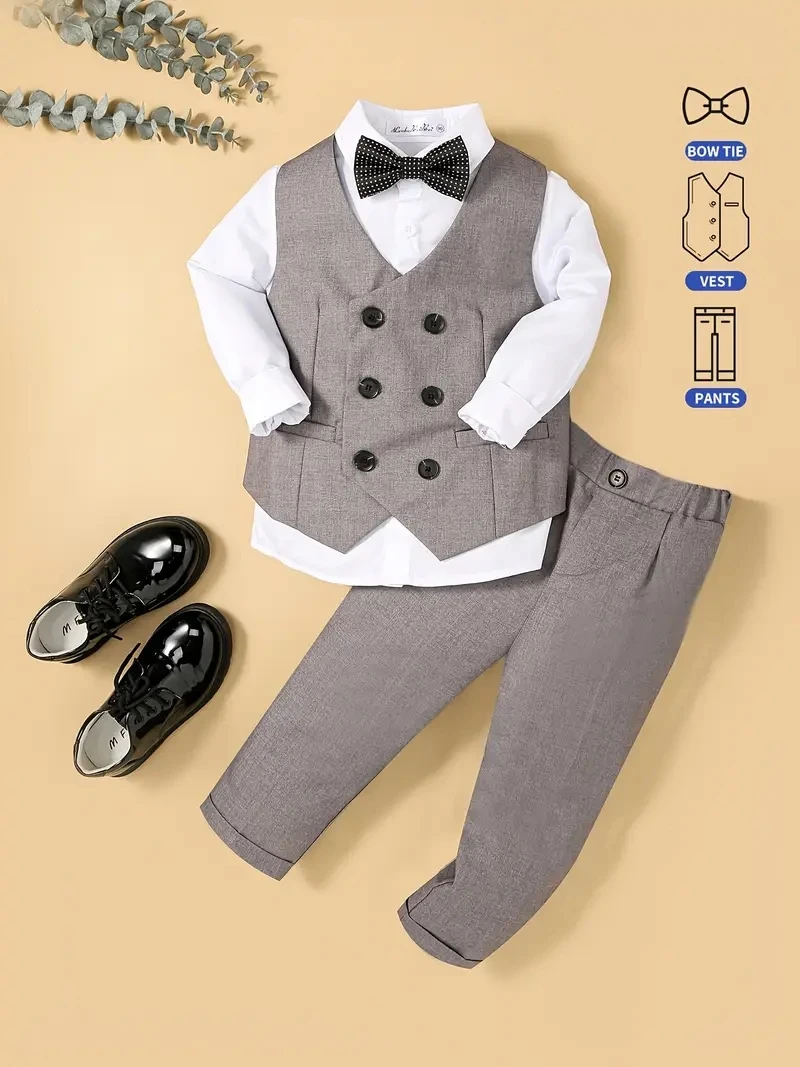 Elegantes Yougester's britisches Gentleman-Outfit-Set für Jungen, Weste, Hose, Fliege, 3-teiliger formeller Anzug für Hochzeit, Geburtstag, Fotografie