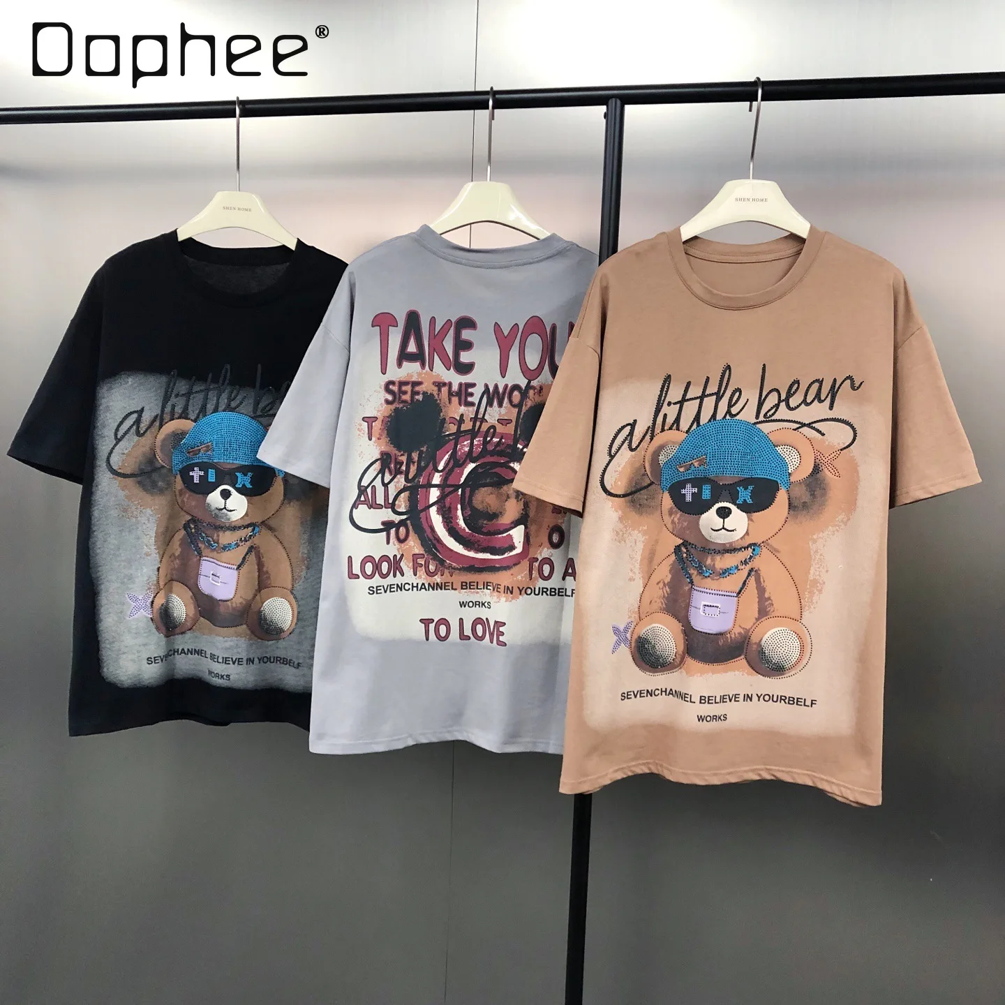 

Vintage Casual Bear Rhinestone Front and Back Print Loose Cotton Crew Neck Short Sleeve T-Shirt Trendy Women Clothes