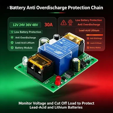 12V-48V Universal Battery Undervoltage Protection Board, Low Voltage Cut-Off Switch 30A with LED Alarm