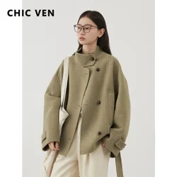 CHIC VEN Women's Double-sided Belt Woolen Coat Short Loose Overcoat Solid Female Outerwear Woman Jackets Autumn Winter 2024