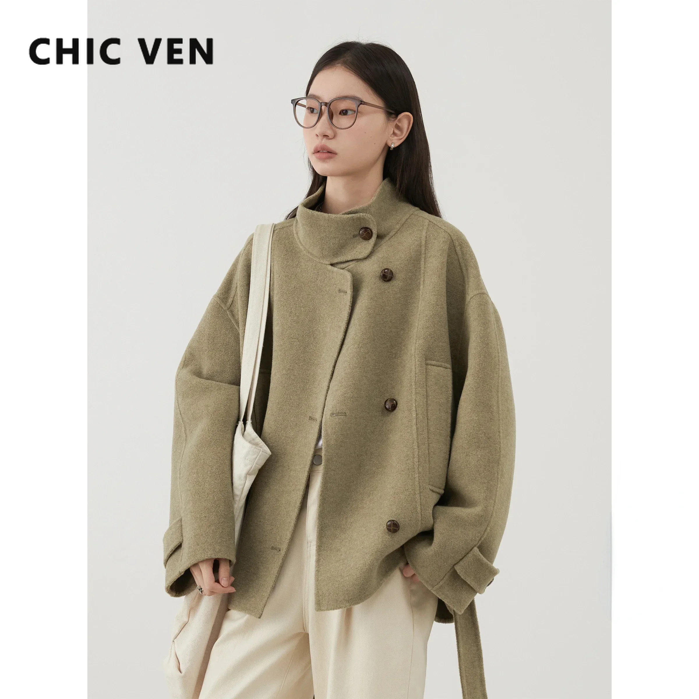 CHIC VEN 여성용 양면 벨트 모직 코트, 짧은 루즈 오버코트, 단색 여성 아우터, 여성 재킷, 가을 겨울 2024 