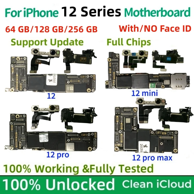 100% probado desbloqueado para iPhone 12 Pro Max placa base compatible con actualización CLean iCloud para iPhone 12 mini con placa lógica Face ID