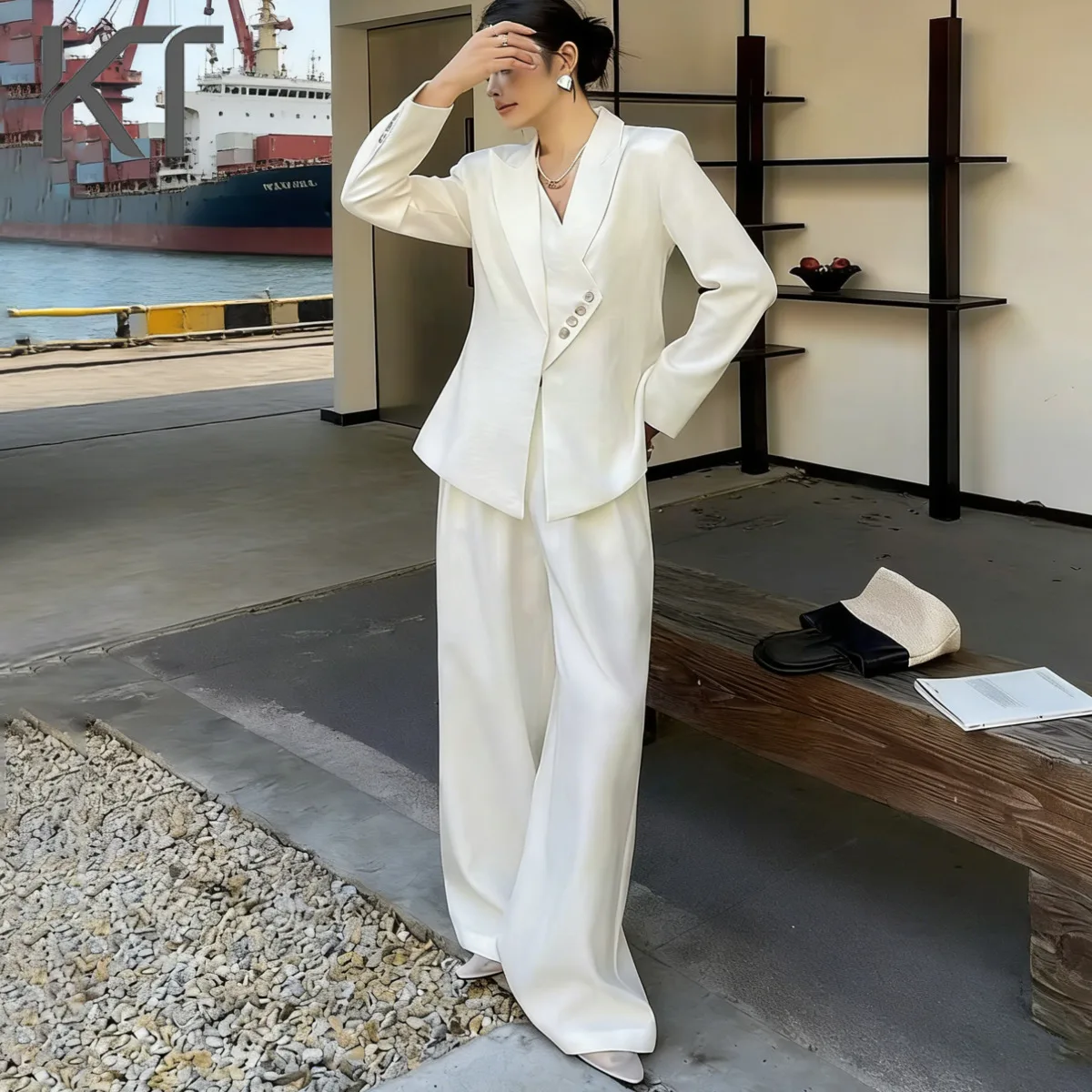 

KT 2026 New Women's Three Piece Set Asymmetric Blazer + Camisole + Wide Leg Pants Set Casual Loose White Matching Sets