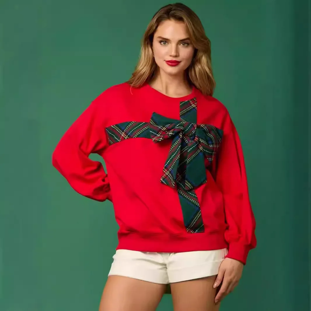 

Модные рождественские толстовки, женская осенне-зимняя одежда, свободные толстовки с круглым вырезом и длинными рукавами, большой бант, женские топы