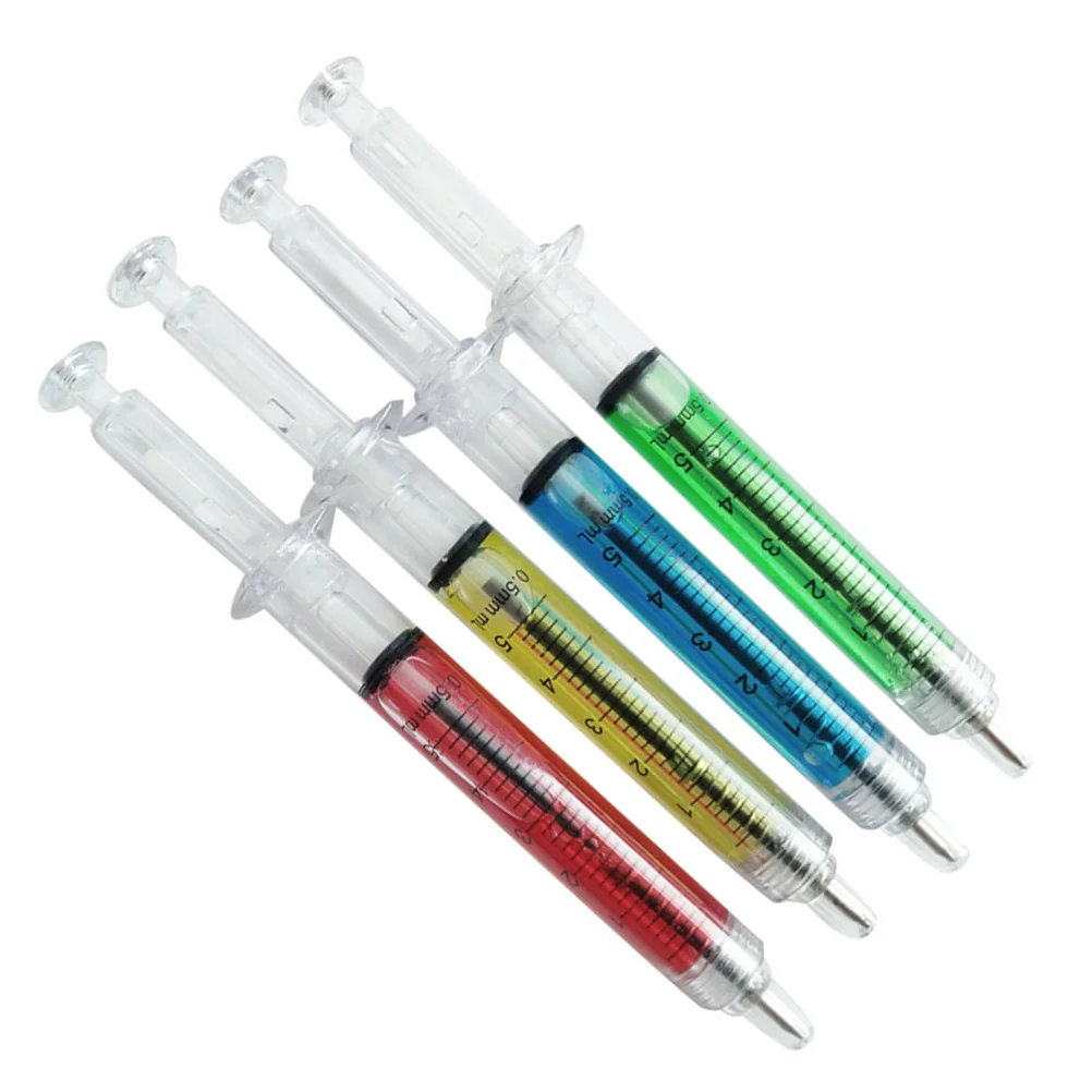 

12Pcs Syringe Shaped Ballpoint Pen Liquid Filled Click Action Refillable 4 Color Stationery Office School Use