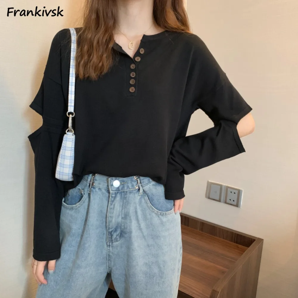 

Solid Color Pullovers for Women Individual Hollow Out Designed Spring Autumn Trendy Stylish Streetwear Tops Button Slouchy New