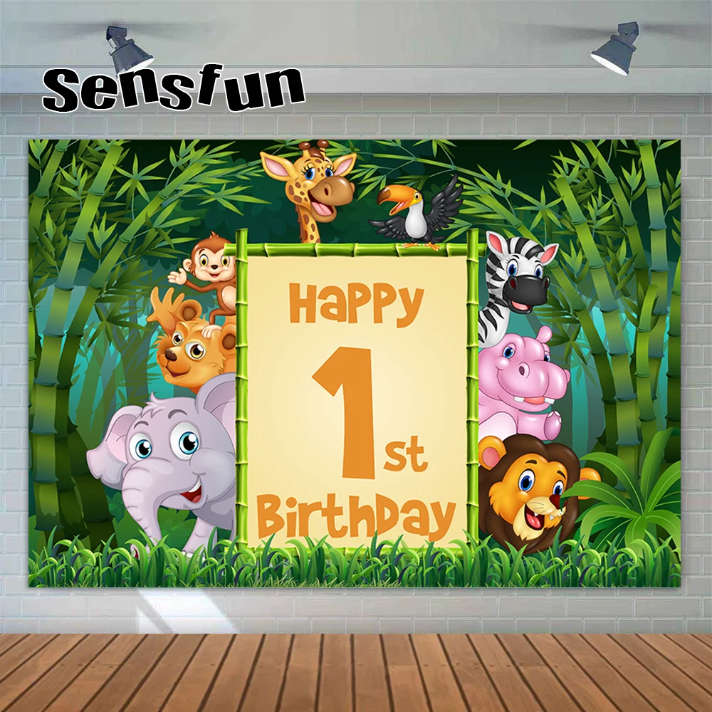 الكرتون الحيوان البرية سفاري الغابة موضوع حفلة عيد ميلاد راية خلفية ديكور استحمام الطفل طفل ملصق خلفية استوديو الصور الدعامة