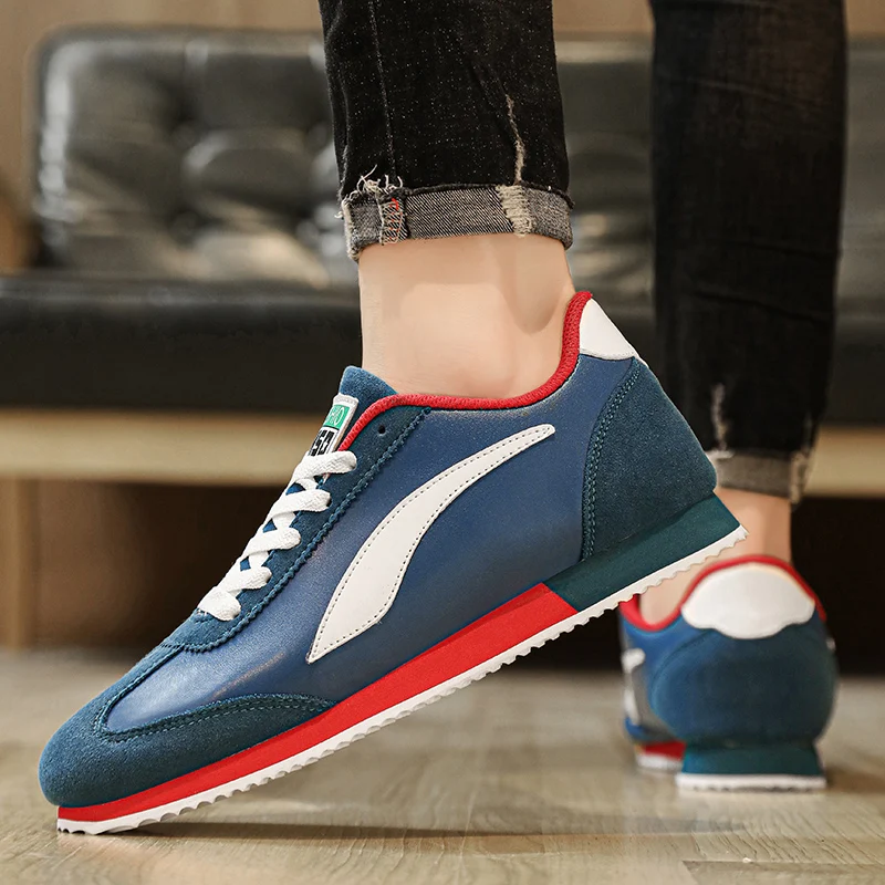 Hot Sale Men\'s Fashion Running Sneakers Blue Suede Leather Casual Sneakers Men Flat Sport Shoes Comfortable Jogging Shoes Man