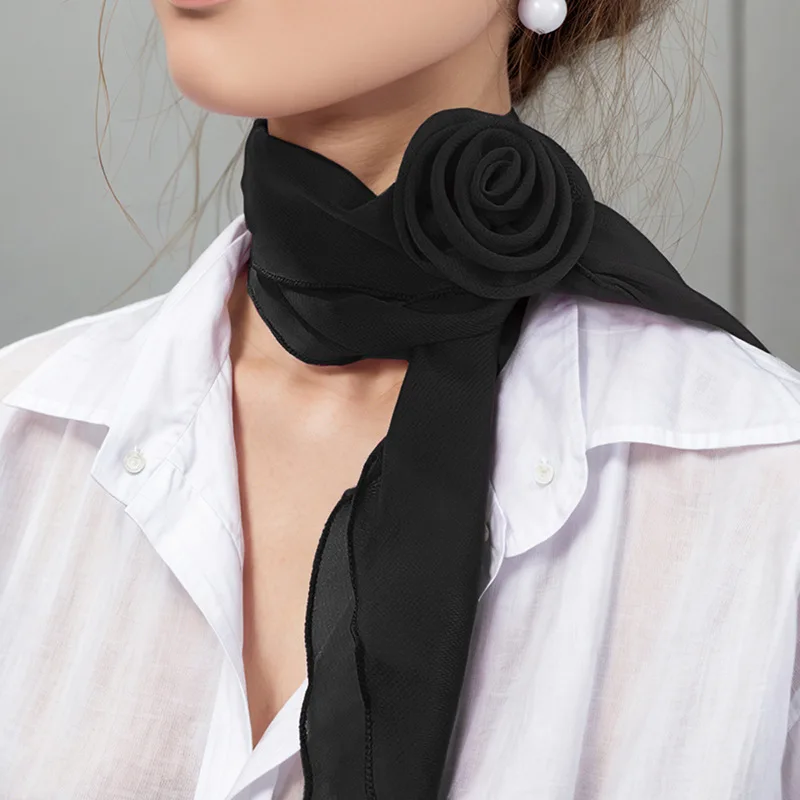 140x14cm Flower Narrow Long Chiffon Solid Color Scarf women Head Neck Scarf Shawls Headbands Hair Ties Bands Neckerchief Shawls