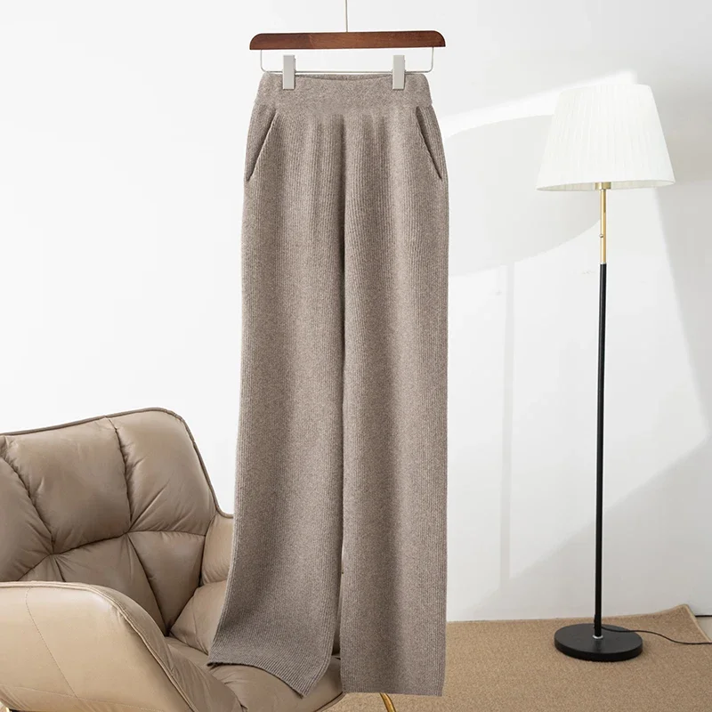 Pantaloni a gamba larga a vita alta in pura lana al 100% per le donne in autunno e inverno indossano pantaloni casual per pulire i pendolari dritti lavorati a maglia.