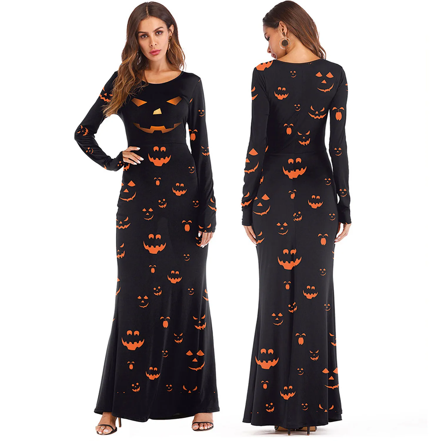 Gothic Women Dress Long Sleeve Robe Punk Women Fishtail Dress Halloween Pumpkin Terror Halloween Party Witch Gown Female Dresses