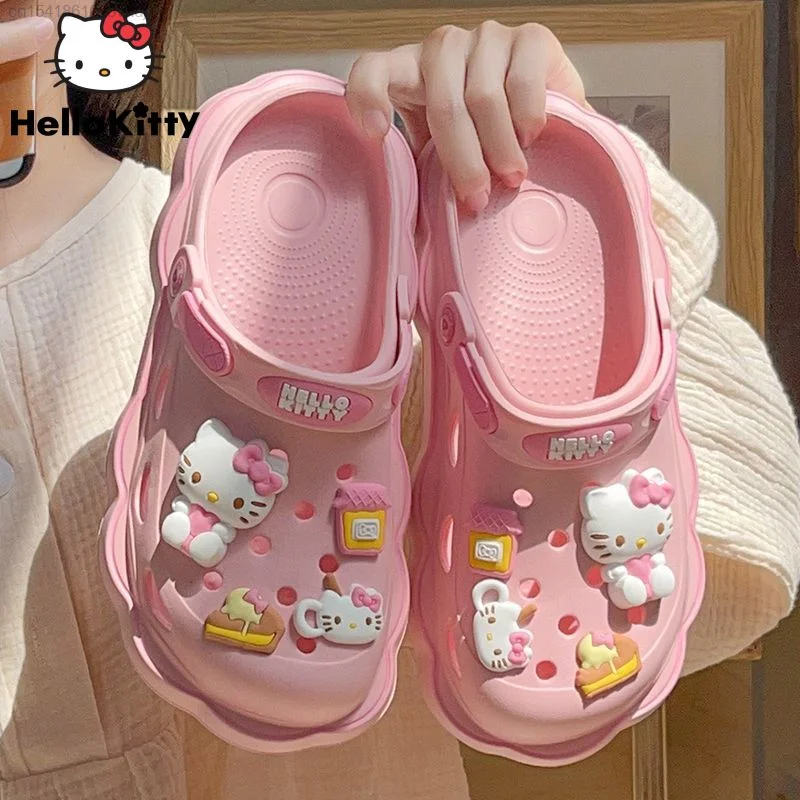 Kawaii Lolita Sanrio Hello Kitty Cave Shoes Women\'s Summer Sandals With Thick Heels Kuromi Cinnamoroll Casual Slippers Female