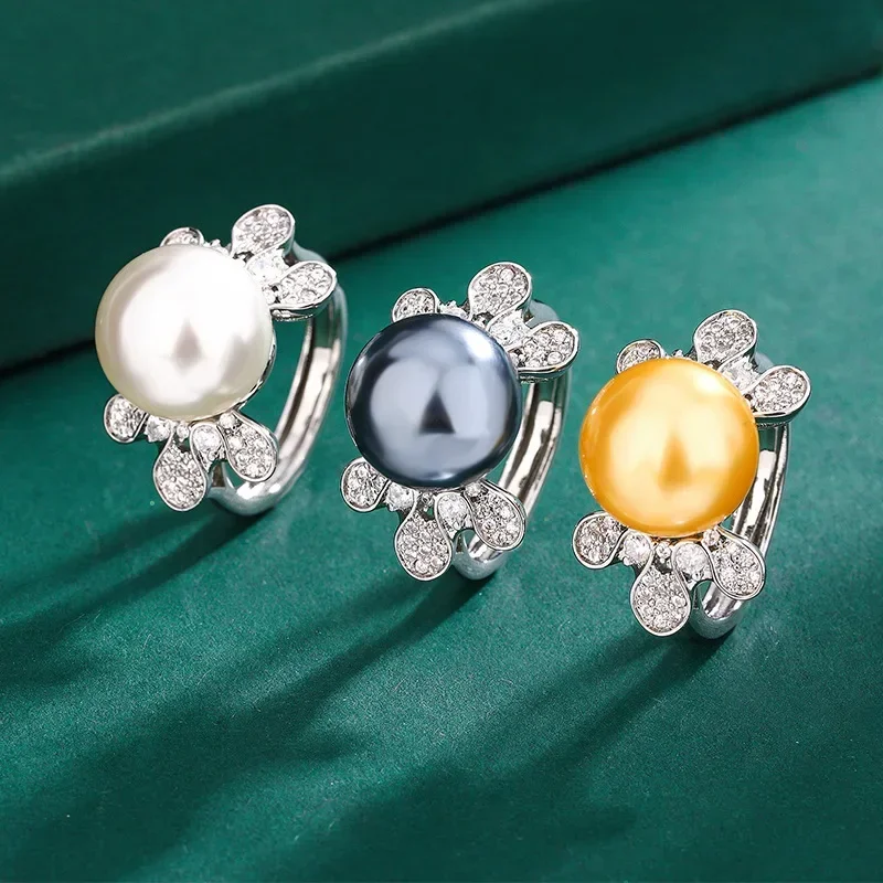 Tahitian Pearl Adjustable Ring Flower 5A Cubic Zirconia Women's Vintage Jewelry Valentine's Day Gift Aesthetic Design Accessory