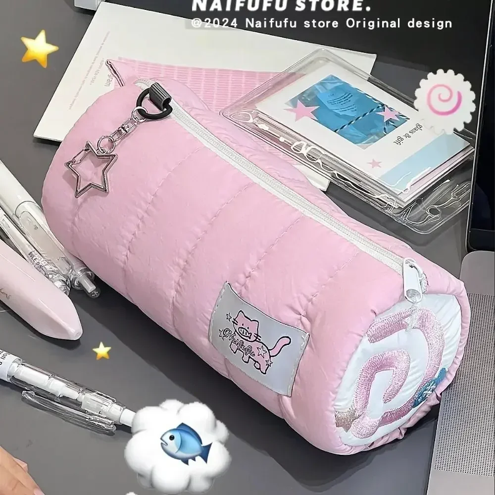 Roze Handdoekrol Etui Kawaii Zachte Pen Opbergtas Cosmetisch Etui Cartoon Grote Capaciteit Student Briefpapier Schoolbenodigdheden