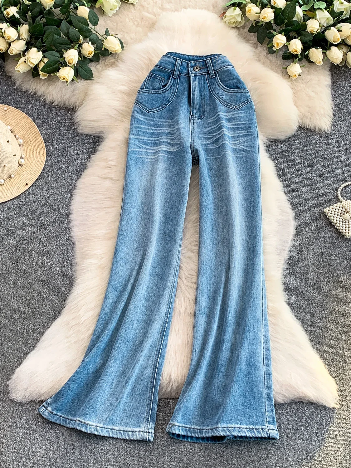 

Retro American Waed Denim Wide Leg Pants Women's Autumn Winter Spicy Sle Loose Casual High Waist Straight Cut Jeans