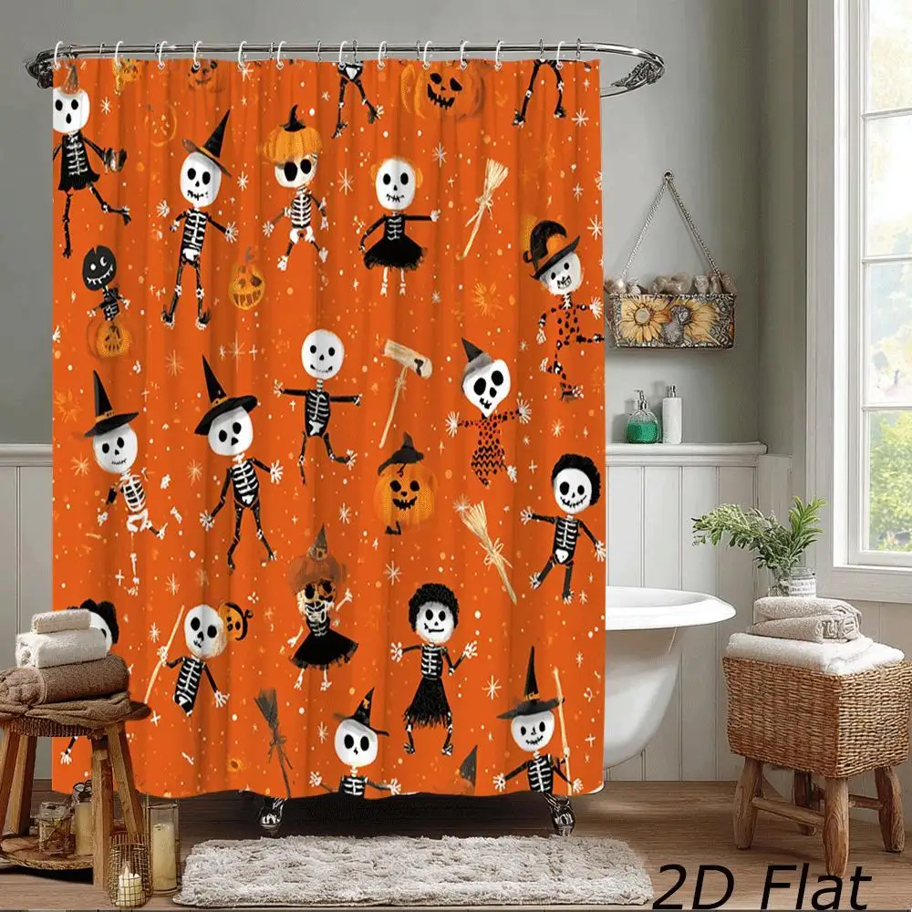 

Spooky Halloween Shower Curtain Skeleton Skull Pumpkin Orange Bath Decor Seasonal Curtain for Bathroom Party Trick Treat Accent