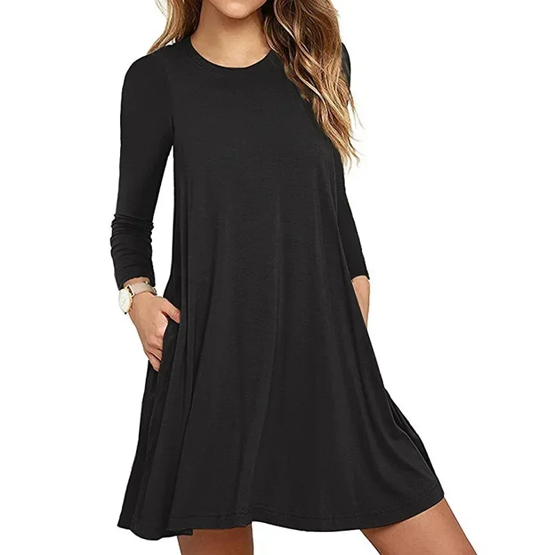 New Solid Color Long Sleeve Pocket Dress 2024 Spring and Autumn Loose Knee-Length Dresses New Women's Casual Dress