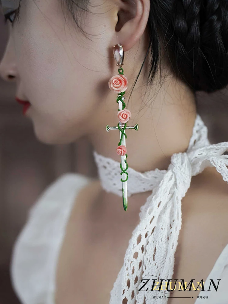 2024 New Thorn Rose Cross Sword Earrings New Gothic Style Men\'s And Women\'s Jewelry Party Gift