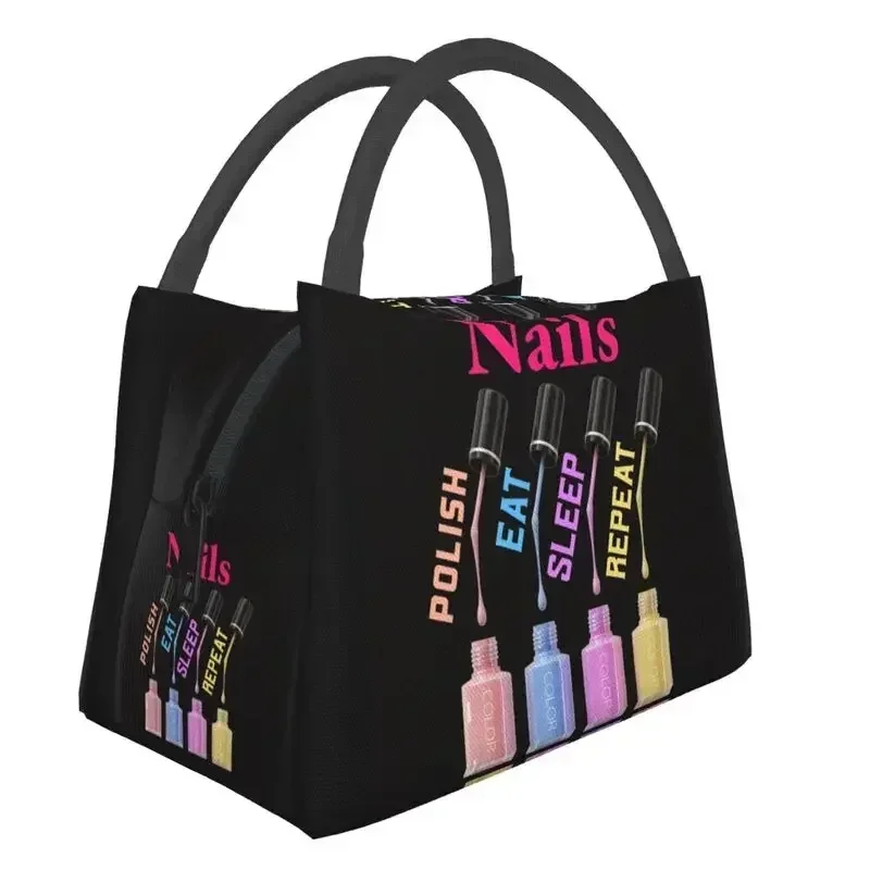 Nails Polish Eat Sleep Repeat Insulated Lunch Bag for Women Portable Tech Funny Quotes Thermal Cooler Lunch Box Picnic Travel