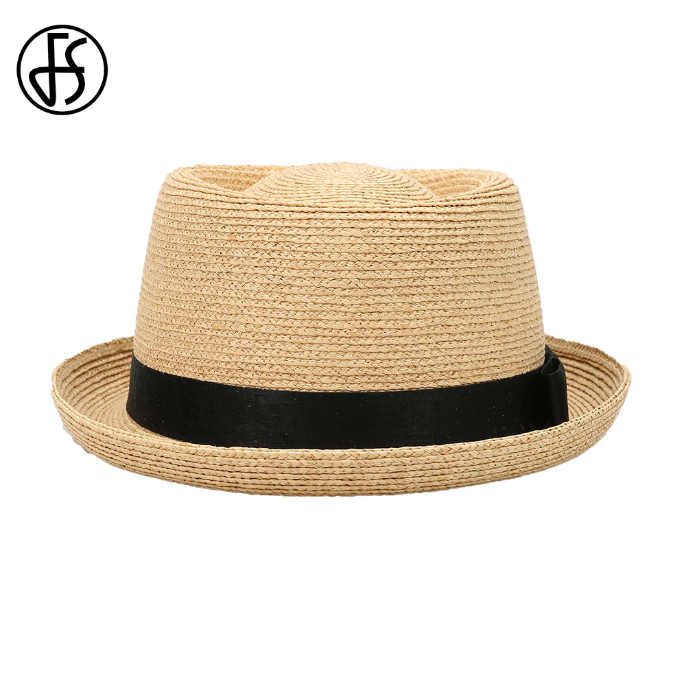 FS Summer Pork Pie Lafite Straw Hats For Women Men Cowboy Jazz Hat Gentleman Paname Cap Sun Protection Solid Color Sombrero