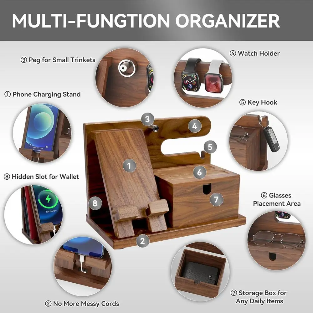 قاعدة شحن لاسلكية من خشب الجوز، منظم منضدة للهواتف والساعات، هدية مثالية للرجال والنساء #3