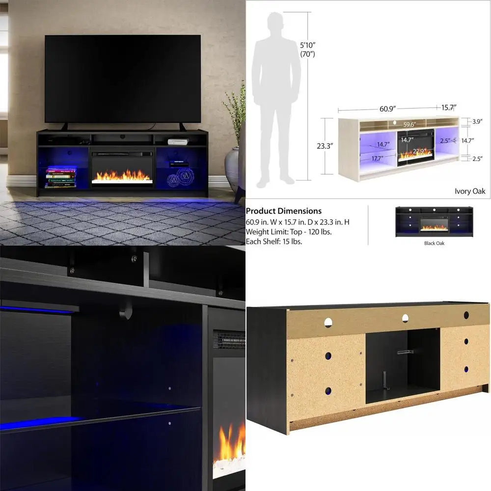 

Тумба под телевизор 65 дюймов с электрическим камином, пультом ДУ, таймером, LED-подсветкой, эффектом пламени, отделка из черного дуба