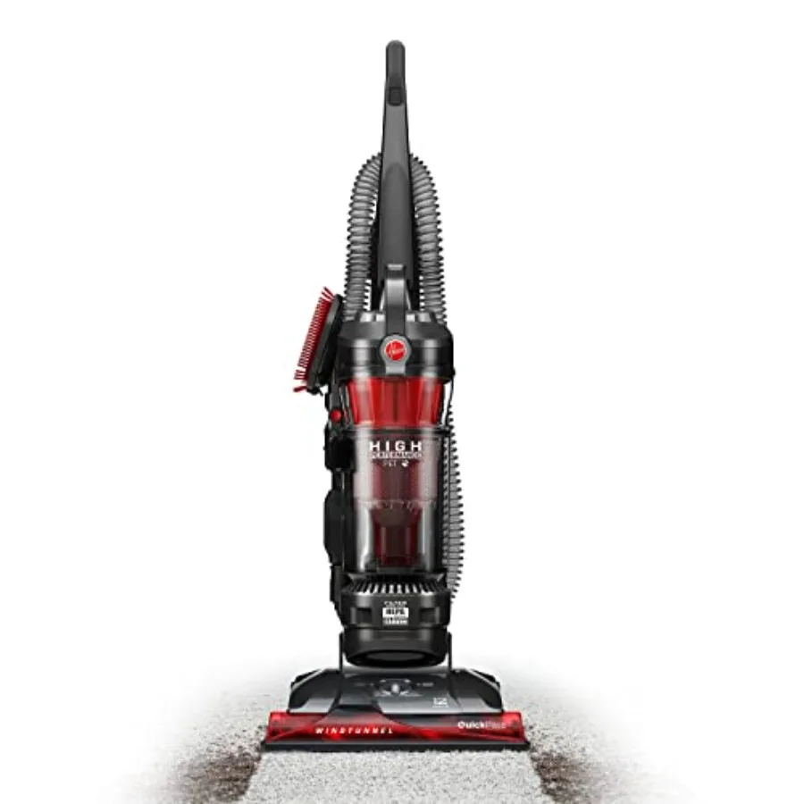 

Home use upright vacuum cleaner with HEPA filtration, black plastic body, quick-pass brushroll for pet hair removal and max suc