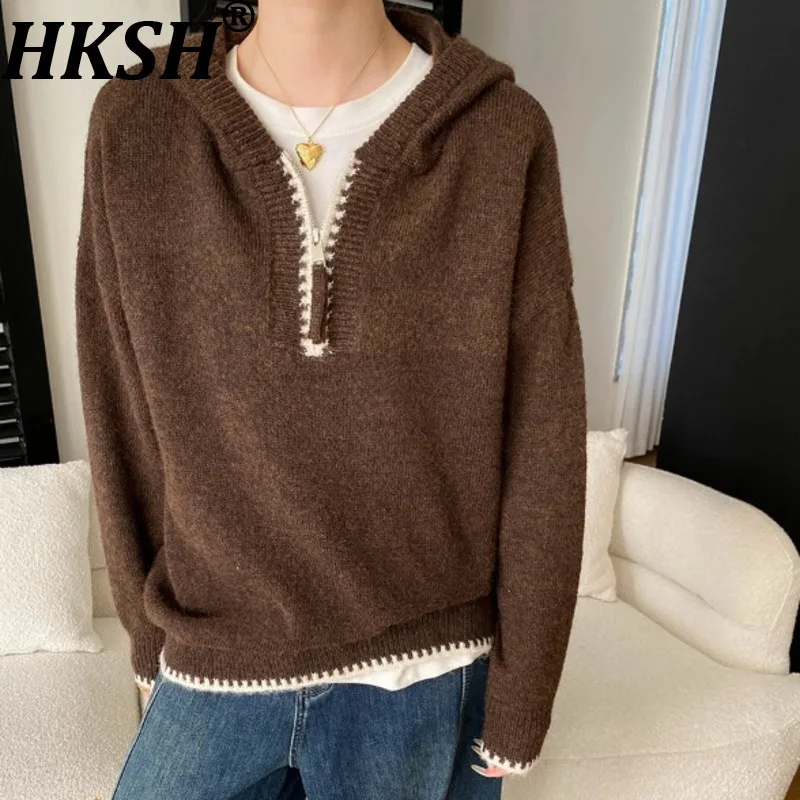 

HKSH Autumn Winter New Women Sweater Hooded Color Block Half-Zip Versatile Elegant Trend High Street Casual Knitted Tops HK17083