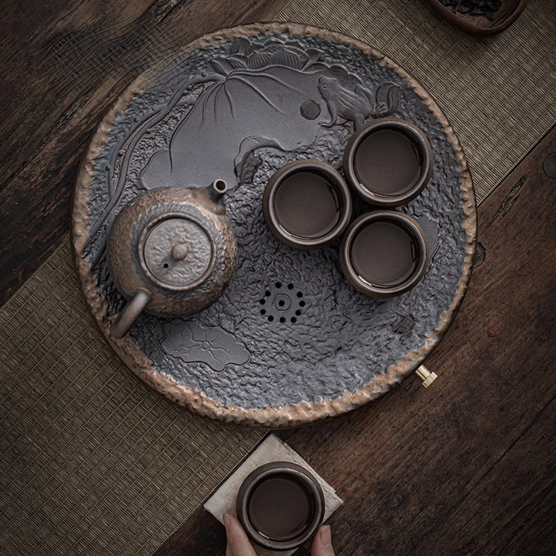 Japanese-style Rough Pottery Kung Fu Tea Set Home Ceramic Tea Tray Water Storage Tea Table Retro Teapot Tea Cup