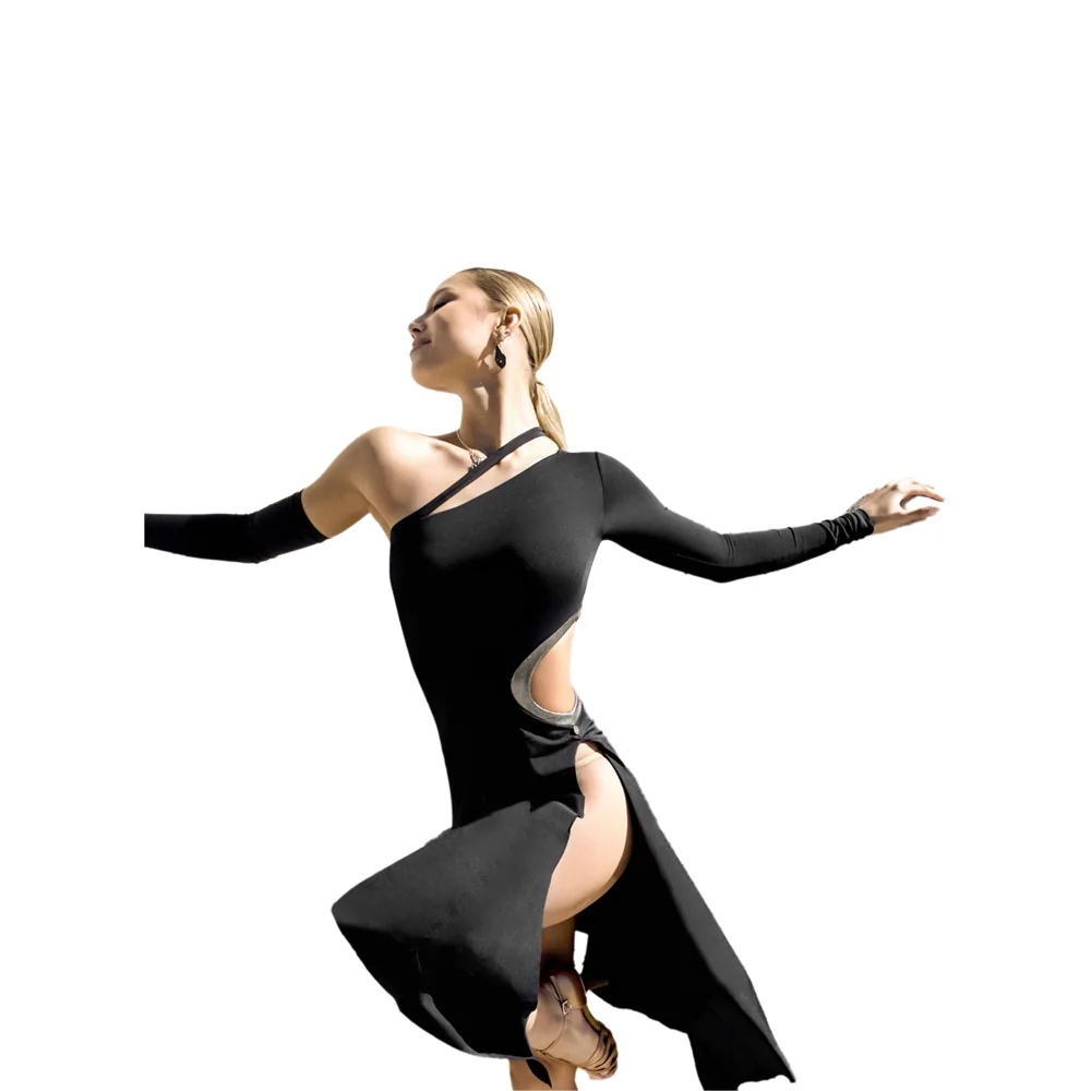 الراقصات اللاتينية، البالغين والأطفال، تنورة ذات فتحة مجوفة ذات ألوان متباينة راقية، أزياء أداء سامبا لحمام السباحة باللون الأسود