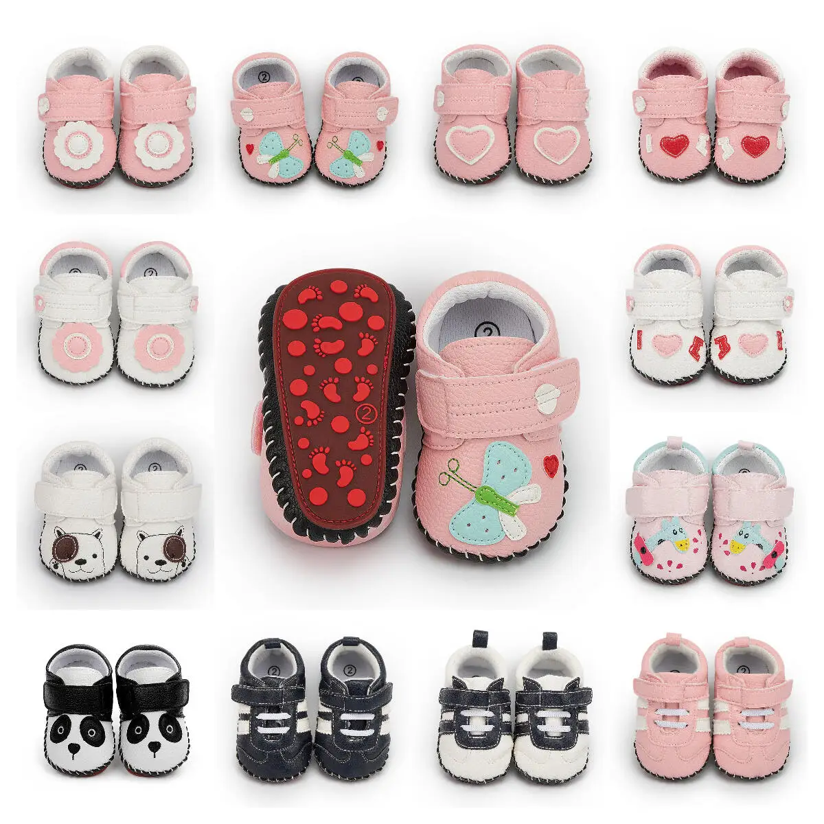Cute Cartoon Baby Boy Girl Leather Casual Sneaker Exquisite Flower Heart Striped First Walker Rubber Soft Anti-slip Flat Sole