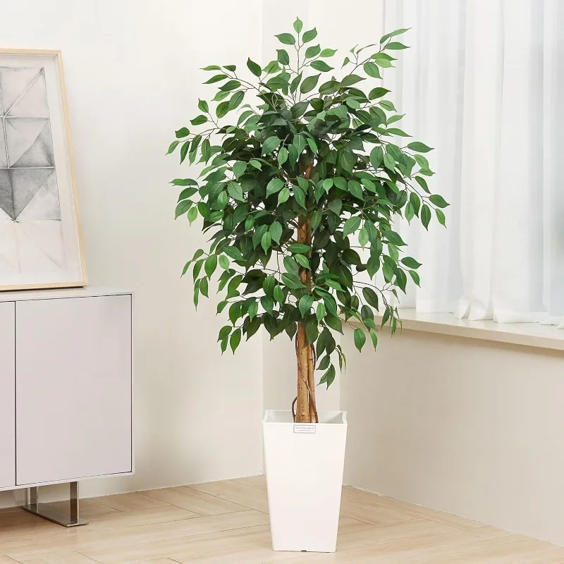 Imagem -03 - Árvores Artificiais Ficus com Folhas e Tronco Realistas Árvore de Seda Falsa com Vaso de Plástico Conjunto de 2