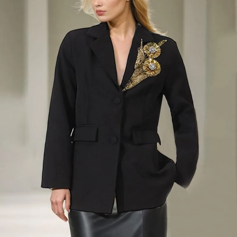 HKSH Autumn New Women Trendy Blazer Heavy Craft Beaded Diamonds Sequined Single Breasted Elegant Fashion Office Lady Coat HK9956