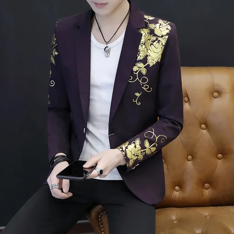 Korean Style Gilded Flower Men Blazers Slim Fit Casual Business Suit Jackets Street Wear Social Wedding Groom Dress Coat