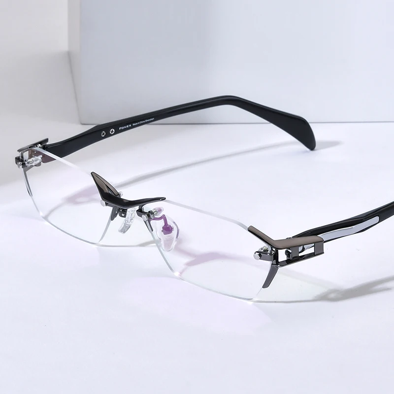 FONEX Acetate Titanium Glasses Frame Men Brand Design Rimless Square Eyeglasses Frameless Japanese Ultralight High-end Eyewear 1