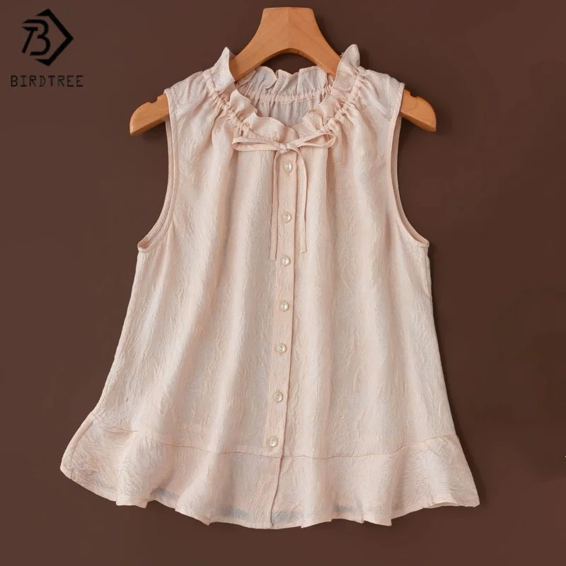 Birdtree, 20MM 100% Real Silk Tank Top, Sleeveless Ruffle Neck Vest, Women Guangle Crepe Elegant Tops, 2026 Summer New T67311JF