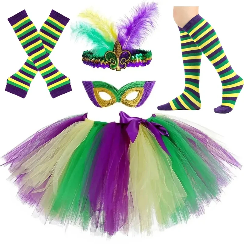 Mardi Gras Tutu Skirt for Girls Ballet Tutus Outfit Halloween Carnival Party Costumes for Kids with Glittery Eyes Patch Socks