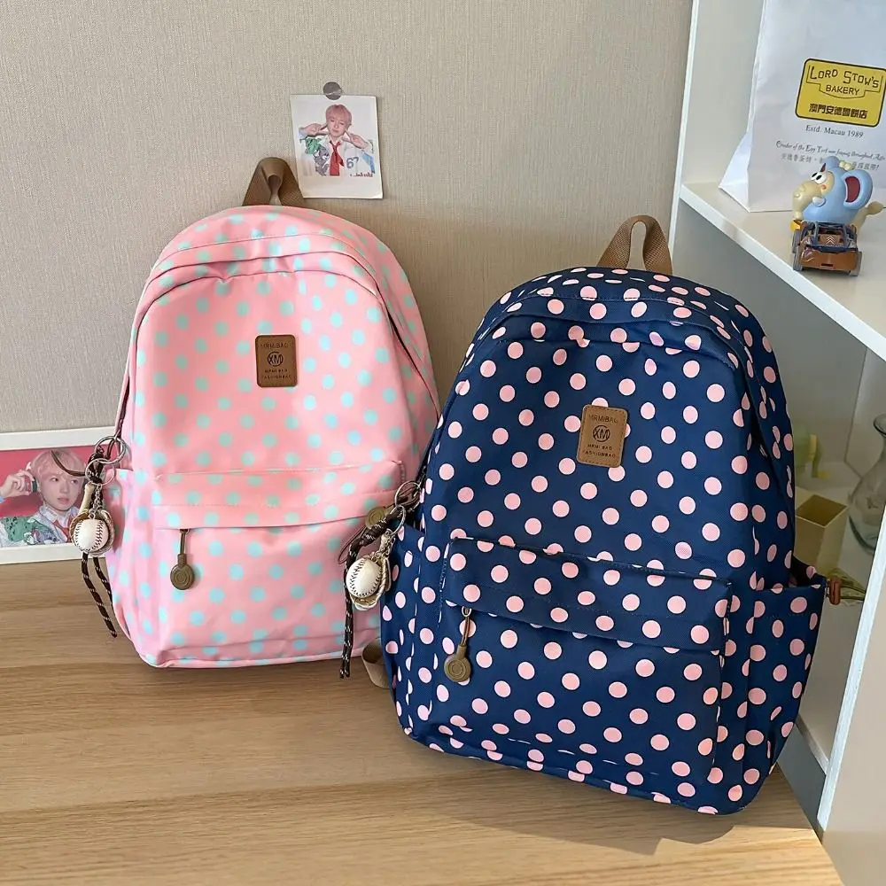 Cute Sweet Polka Dot Backpack Multicolored Multiple Pockets Lace Trim Rucksack Minimalist Durable Student School Bag Commute